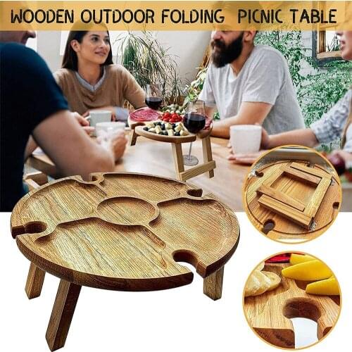 Foldable Wine Picnic Table Portable Mini Charcuterie Round Desk with 5 Cells & 4 Glass Holder for Travel Beach B2Cshop