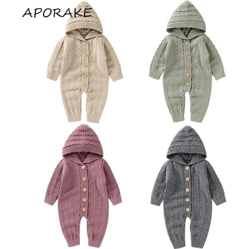 2021 0-18M Toddler Boys Girls Knit Jumpsuit Solid Color Hooded Long Sleeves Romper with Buttons Spring Autumn Sweater Outfit