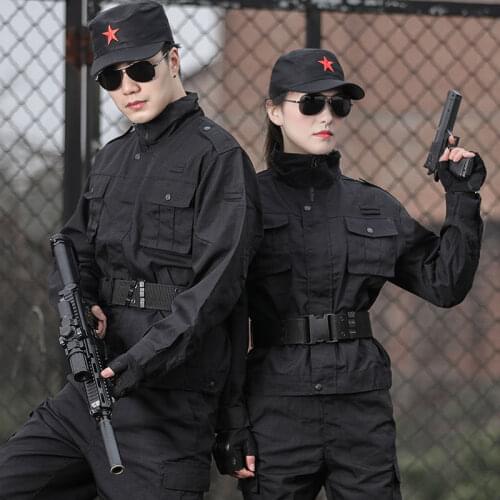 Black Duty Training Uniform Men Work Security Military Clothes Combat Cargo Pants Long Sleeve Multi-pocket Suit Breathable Sweat