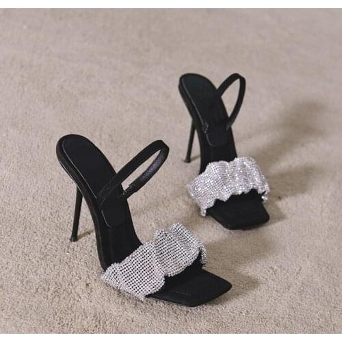 2021 Summer New Sandals Rhinestone High Heel Square Head with Thin Heel Open Toe Sexy Womens Shoes