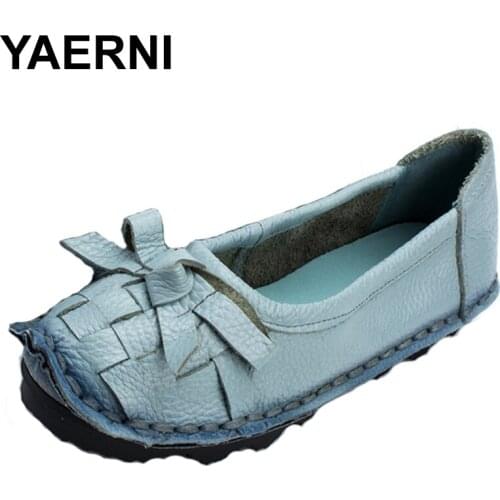 YAERNI 2017 Autumn New Handmade Women Leather Shoes Bow National Style Retro Comfort Soft Cowhide Flat Shoes zapatos mujer
