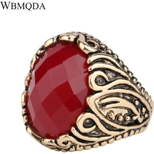 Hot Luxury Vintage Red Black Blue Ring Men Ethnic Retro Punk Big Oval Resin Gold Wedding Rings For Women Statement Jewelry