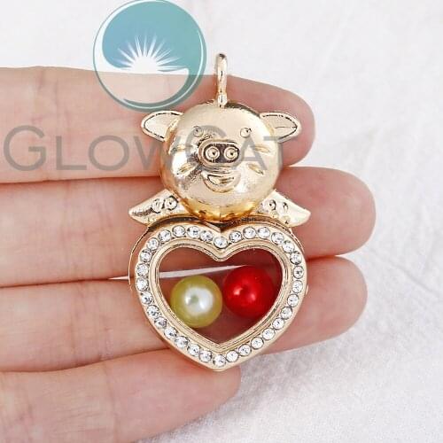2colors Rhinestone Pig Heart Locket Pendant Glass Floating Charms Living Memory Photo Locket Pendant Mothers Day Gift