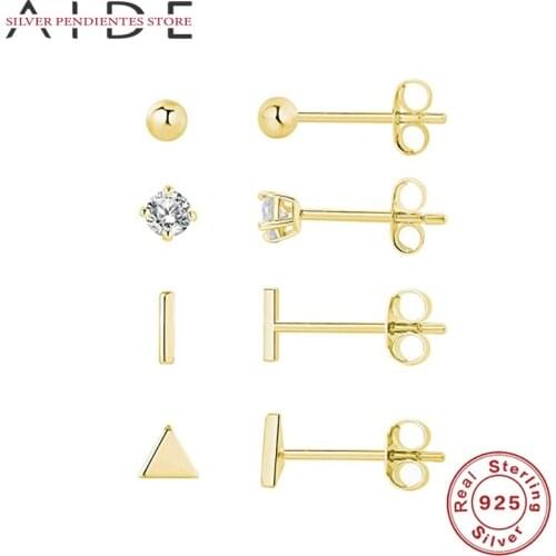 AIDE 4PCS Small 925 Sterling Silver Glossy Geometric Earrings Four-claw Diamond Triangle Earrings Kolczyki 2021 Trend Jewelry