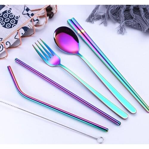 5pcs Portable Dinnerware Set 304 Stainless Steel Rainbow Dinner Cutlery Set Fork Scoop Chopsticks Straw Kitchen Tableware Sets
