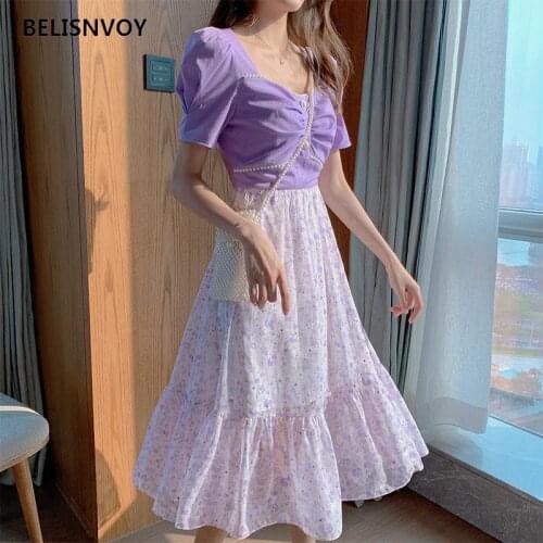French Vintage Floral Dresses Women Patchwork Kawaii Purple Casual Sequins Sweet Dress Elegant Fairy Party Dress 2021 Summer