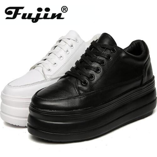 Fujin 7.5cm Super Thick Sole Platform Chunky Shoes Ins Za Sneakers Genuine Leather Waterproof Vulcanized Wedge Casual Shoes