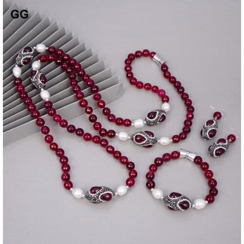 GuaiGuai Jewelry Natural Cultured White Rice Pearl Fuchsia Agate Sweater Chain Station Long Necklace Bracelet Earrings Sets