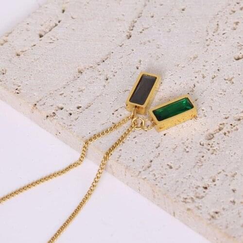 Creative Black Green Crystal Square Pendant Necklace For Women Gold Plated Stainless Steel Womens Neck Chain Choker Jewelry