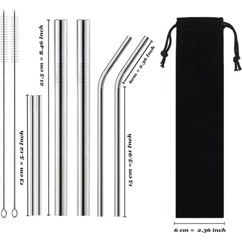 Reusable Drinking Straw High Quality 304 Stainless Steel 6 Pcs Metal Straw With Cleaner Brush Portable Bag For Travel Party Bar