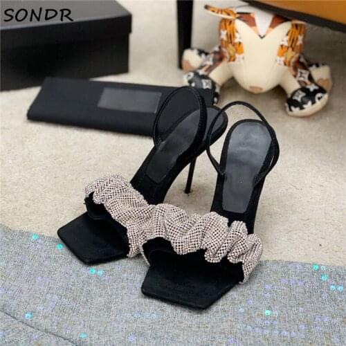 Fashion Crystal Pleated High Heels Sandals Women Sexy Ladies Square Toe Black Wedding Shoes Summer Rhinestone Party Sandals 2021