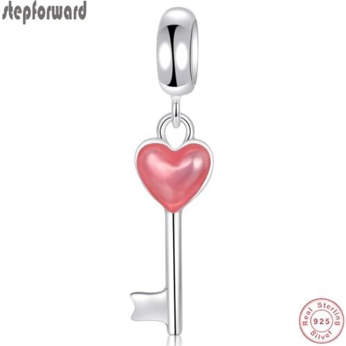 Fashion 925 Sterling Silver Heart Key Hanging Charm For Bracelet And Necklace NEW Pink Enamel Key Design Special Pendant