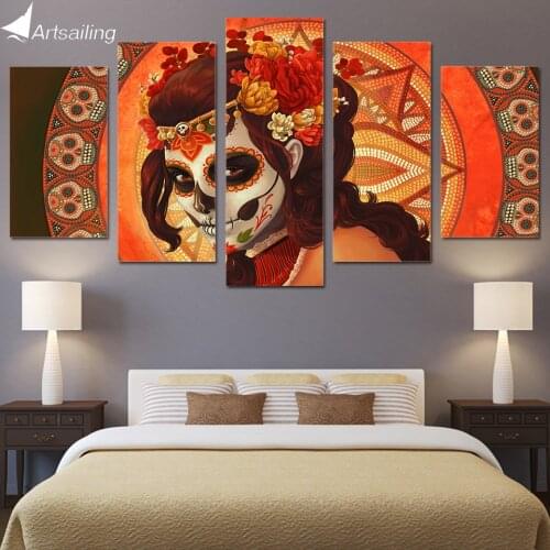 HD 5 piece Canvas Art HD Printed Day of the Dead Face sugar skull Group Canvas Painting Modular Pictures Free shipping/NY-279