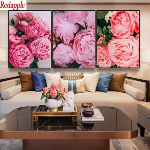 3 Pcs pink Flower Diy 5d Diamond Painting peony rose pattern diamond mosaic cross stitch kits full Diamond Embroidery Home Decor