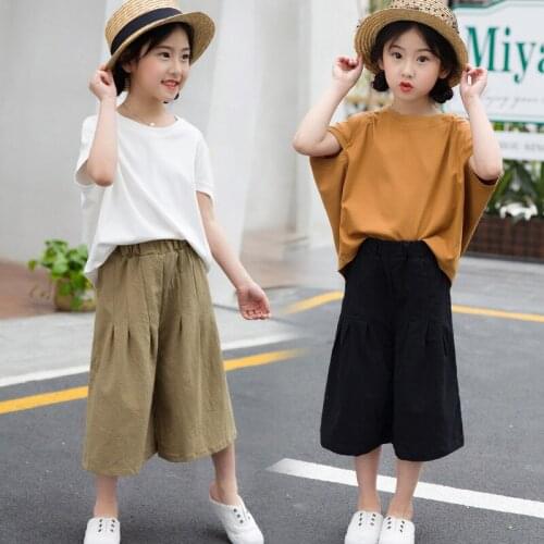 New Summer Girls Clothing Set Children Cotton Bat Sleeve T-shirts and Wide Leg Pants Teenage Girls Ruffle Outfits 10 12 14 Years