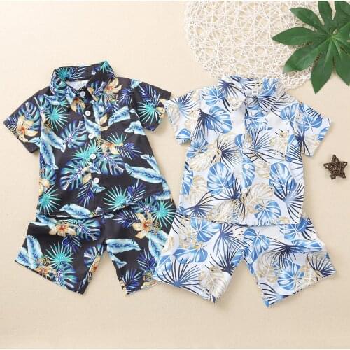 Toddler Baby Kids Boys Tropical Plant Print Floral Shirt Tops+linen Shorts Sets Short Clothes Suit Tropical Style Casual Outfit