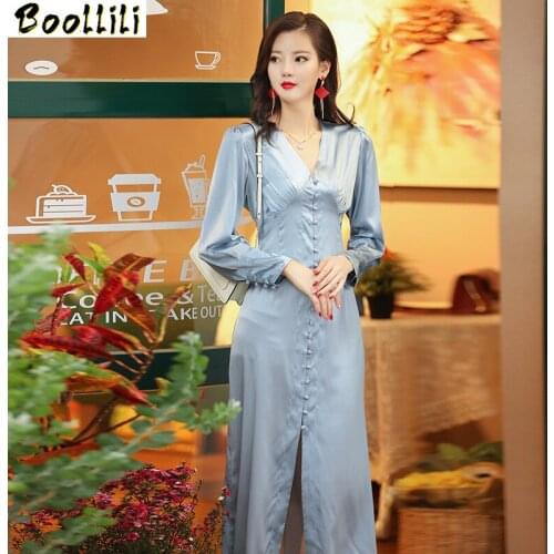 Boollili 100% Real Silk Dress 2020 Spring Autumn Vintage Elegant Midi Dress Women Clothes Ladies Dresses Party Dress Vestidos
