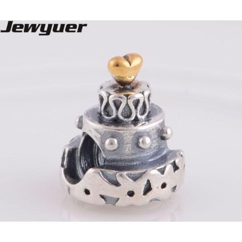 Birthday Cake charms with golden hearts 925 sterling silver jewelry fit bead bracelets diy for women fine jewelry Memnon GD013
