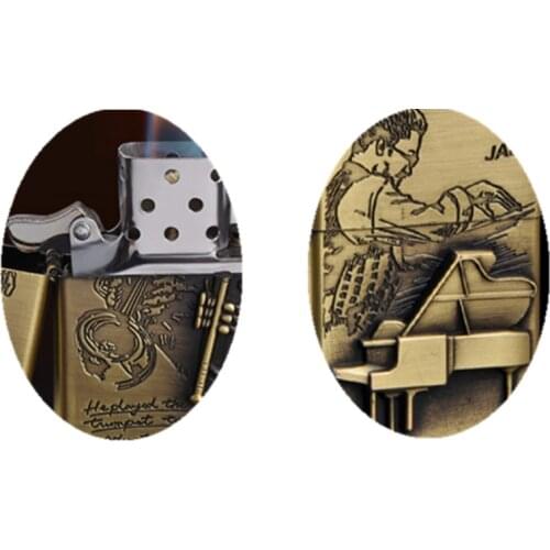 Retro bronze street stall Music instrument kerosene gasoline Petroleum oil cheap cigarette lighter ( 1 random pattern no fuel )