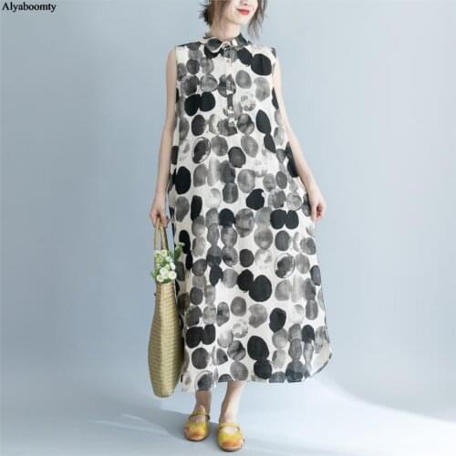 Plus Size Summer Women Midi Sundress Sleeveless Cotton Linen Polka Dot Printed Dress Vintage Elegant Long Classical Female Dress