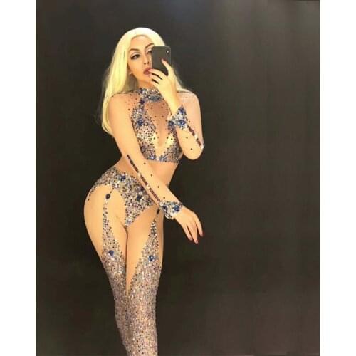 Sexy Stretch Nude Bodysuit Womens Nightclub Wear Crystals Camisole Bodysuit Outerwear Dance Jumpsuit Outfit Performance clothes