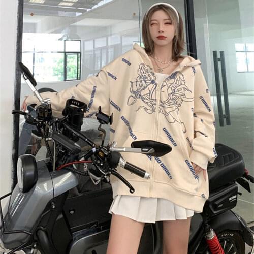 Deeptown Angel Print Zip Up Hoodie Women Korean Style 2021 Fashion Harajuku Zipper Sweatshirt Autumn Oversized Long Sleeve Coat