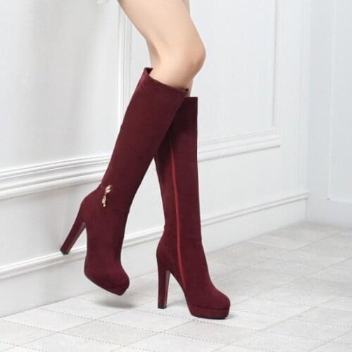 Women Flock Knee High Boots Square High Heel Fashion Platform Boots Crystal Zipper Autumn Winter Boots Female Shoes 2020 New