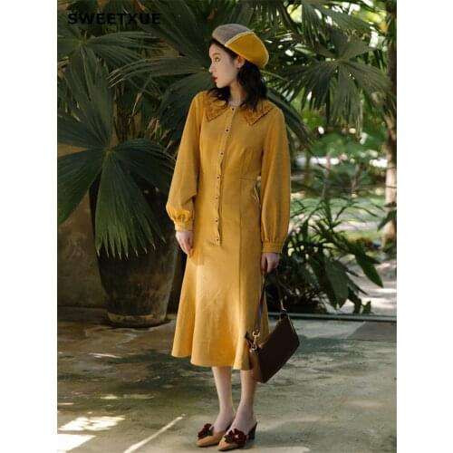 SWEETXUE French Vintage Velvet Long-Sleeved Dress Female Autumn New Temperament Slim Fishtail Dresses Women