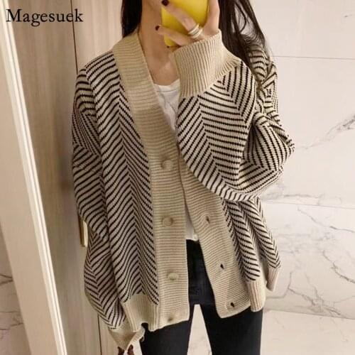 Winter V-neck Knitted Cardigan Sweater Women Loose Vintage Long Cardigan Women Striped Sweaters For Women Fashion Jacket 12031