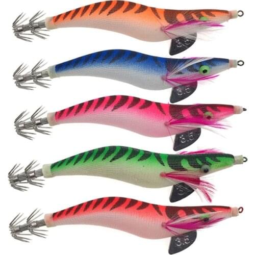 10Pcs Squid Jigs Bait Wood Shrimp Fishing Lure 3.5# 4.0# Artificial Squid Hooks Luminous Octopus Cuttlefish Shrimp Bait