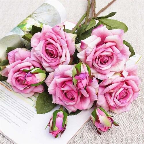 2 Heads Artificial Rose Flower Silk Romantic Wedding Decoration Bride Holding Fake Flowers Bouquet for Home Table Garden Decor