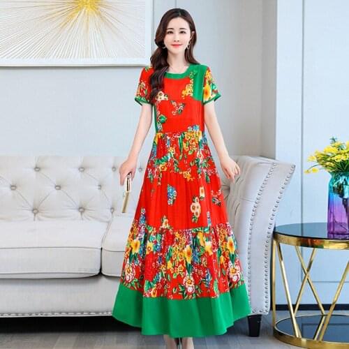 2021 O-Neck Elegant Party Long Dress Summer Runway Boho Floral Maxi Dress Womens short Sleeve