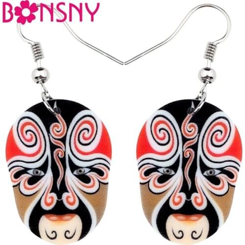 Bonsny Acrylic Traditional Chinese Beijing Opera Mask Earrings Drop Dangle Vintage Costume Decoration Jewelry For Women Girls