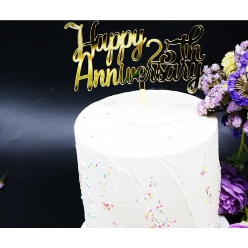 Glitter Happy Anniversary 25th Acrylic Cake Topper Gold Wedding Anniversary Cake Topper for Anniversary Party Cake Decorations