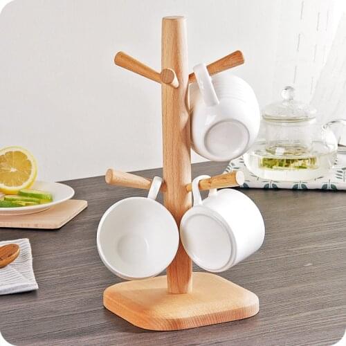 Nordic Style Kitchen Wooden Rack Cup Tree Bottles Mug Holder Eco-friendly Beech Wood Floor Type Coffe Mug Stand Hanger