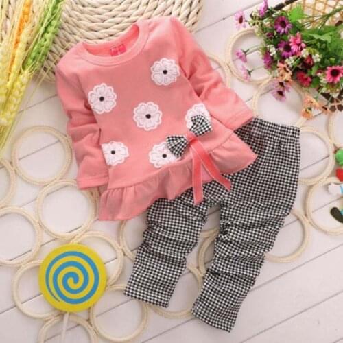 Kids Clothing Girls' Suits 2021 New Spring Autumn Flower Bow Long-sleeved Top Plaid Pants Sets Toddler Girl Outfits