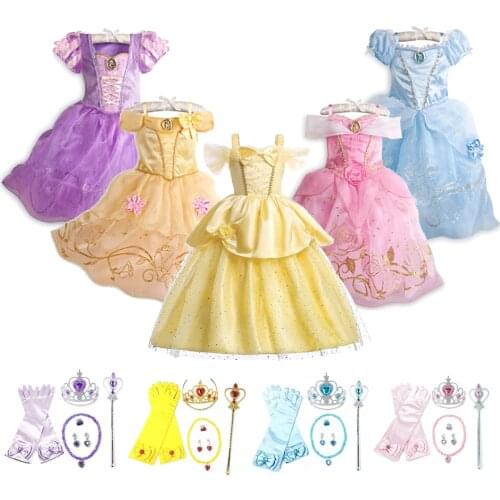 Girl Flower Party Costume New Year Princess Fancy Evening Dress Up Children Christmas Belle Beauty Disguise Rapunzel Clothes Set