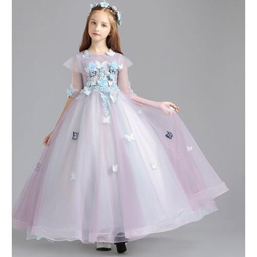 Elegant O-neck Flower Girl Princess Dress Kid Baby Party Wedding Dresses for Girls Embroidery Applique High Waist Slim Fit Dress