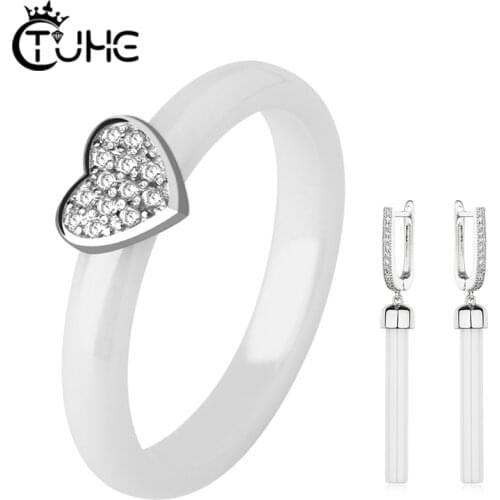 Exquisite Women Ceramic Jewelry Set 3mm Heart Crystal Ceramic Ring Smooth Long Ceramic Drop Earrings Female Christmas Gifts