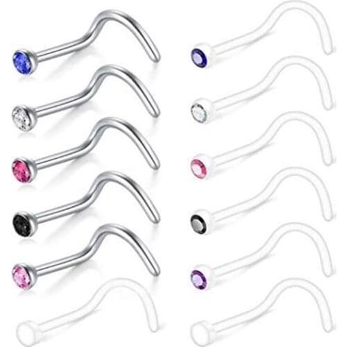 JFORYOU 12pcs20G Clear Nose Ring with CZ, Flexible Acrylic Nose Screw Stud Retainer for Nose Piercing, Nontoxic Plastic Piercing