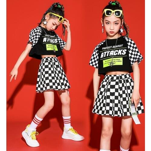 Plaid Dancer Outfit Jazz Dancewear Cheerleader Uniform Rave Outfit Stage Costume Teen Girls Clothing Dancing Skirt Tops DL8086