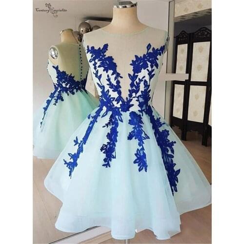 Lace Homecoming Dresses 2020 Appliques O-Neck Button Illusion Short Prom Party Gowns Graduation Dress Cheap