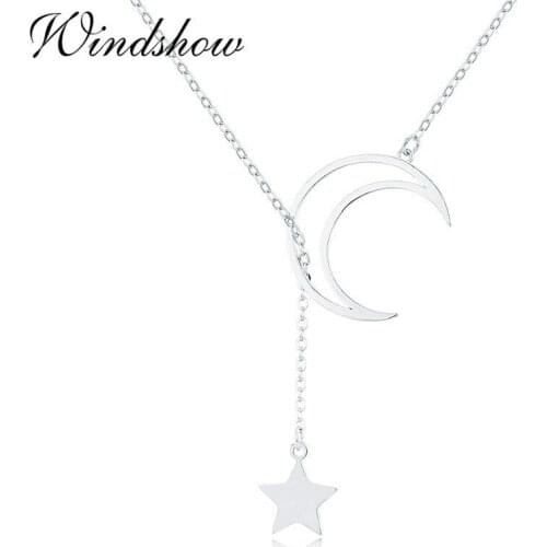 925 Sterling Silver Y Shape Moon & Star Lariat Choker Pendant Necklace For Women Girl Jewelry Undertale Pendentif Pendulo 40+5cm