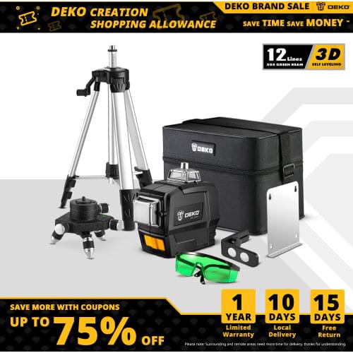 DEKO 12 Lines 3D Green Laser Level Horizontal And Vertical Cross Lines With Auto Self-Leveling Indoors&Outdoors(DKLL12PB1 S1/S2)