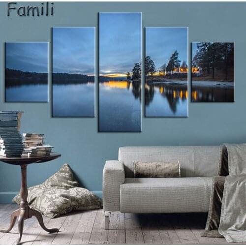 Wall Art Poster Modern Home Decor Living Room 5Panel Northern Lights Over Snow Mountain Norway Landscape Canvas Painting UnFrame