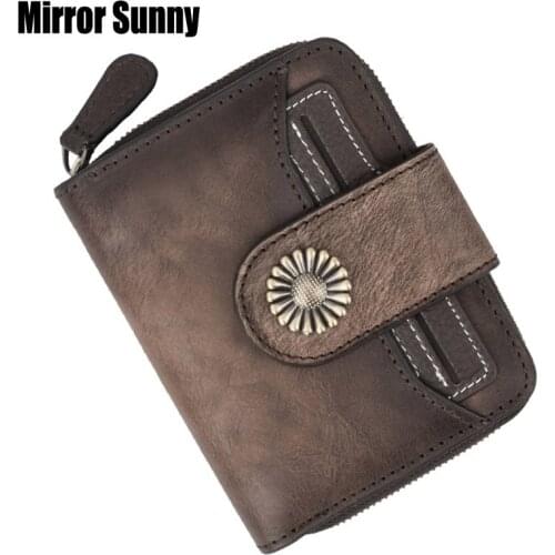 New Genuine Leather Womens Short Wallet Retro Cowhide Leather Two Fold Female Wallet Small Coin Purse Womens Card Holder Bag