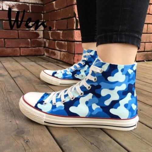 Wen Original Hand Painted Shoes Navy Camouflage Pattern for Men Women Design Custom High Top Flats Canvas Sneakers Special Gifts