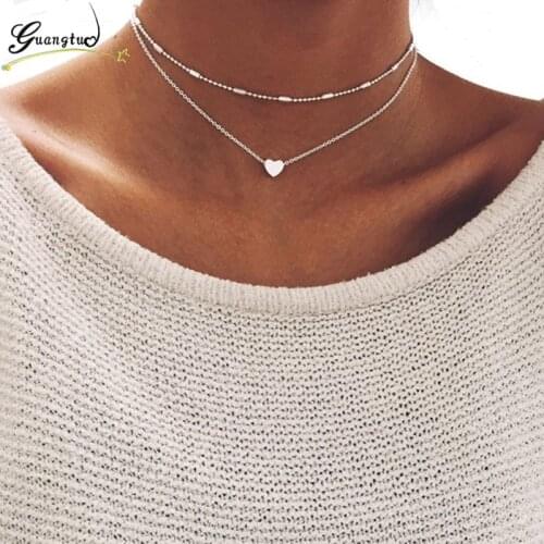 Gold Silver Color Multilayer Dainty Tiny Heart Shaped Pendant Necklaces For Women Fashion Jewelry Choker Necklace Collares