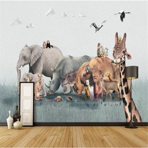 Milofi custom non-woven wallpaper mural childrens animal world hand-painted cartoon Nordic background wall decoration painting