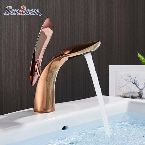 Senlesen Rose Golden Bathroom Basin Faucet Brass Deck Mounted Bathroom Sink Faucets Hot And Cold Water Tap